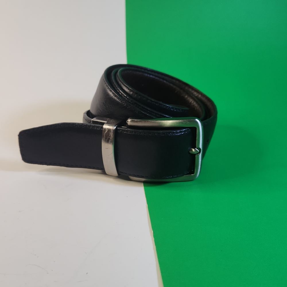 Italian Leather Kirkland Belt, Reversible Black And Brown Silver